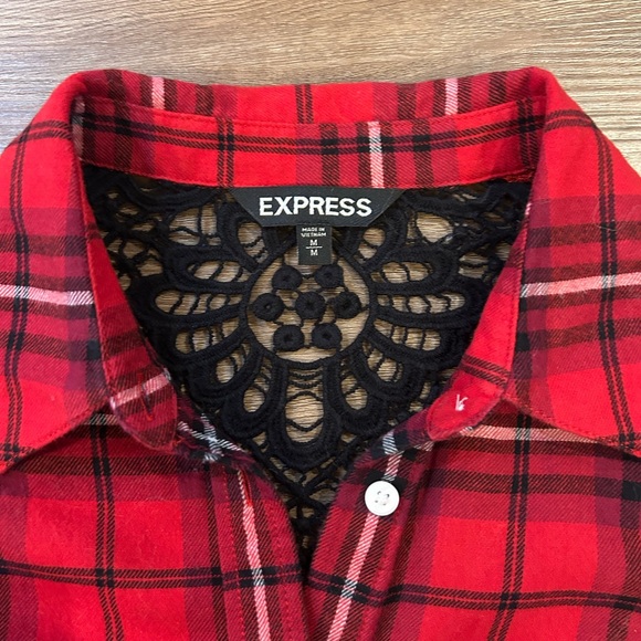 Express Red Plaid Button Down Shirt Lace Back Detail Women’s M - Picture 2 of 7